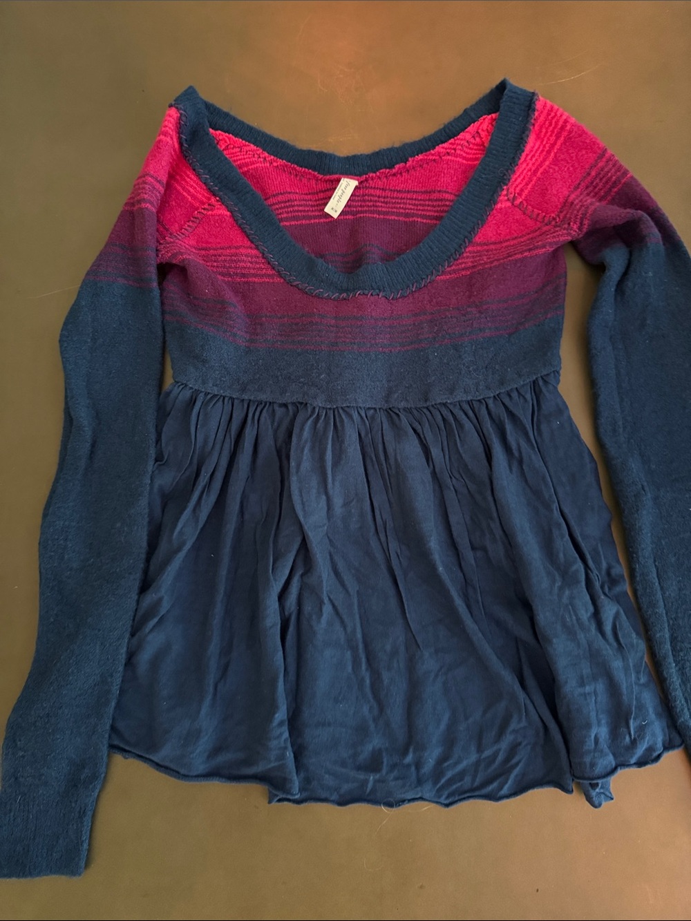 Free People Navy and Pink Ombre Knit & Gauze Peplum Top